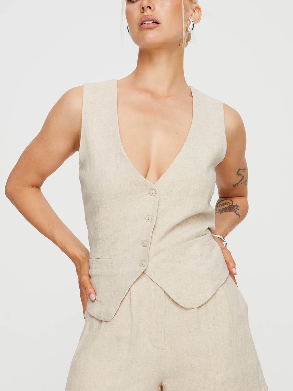 Princess Polly | Ginger Linen Blend Vest Beige Buttons Size 10